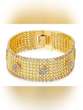 Gold-Tone Wide Mesh Bracelet with Clear Crystal Motifs
